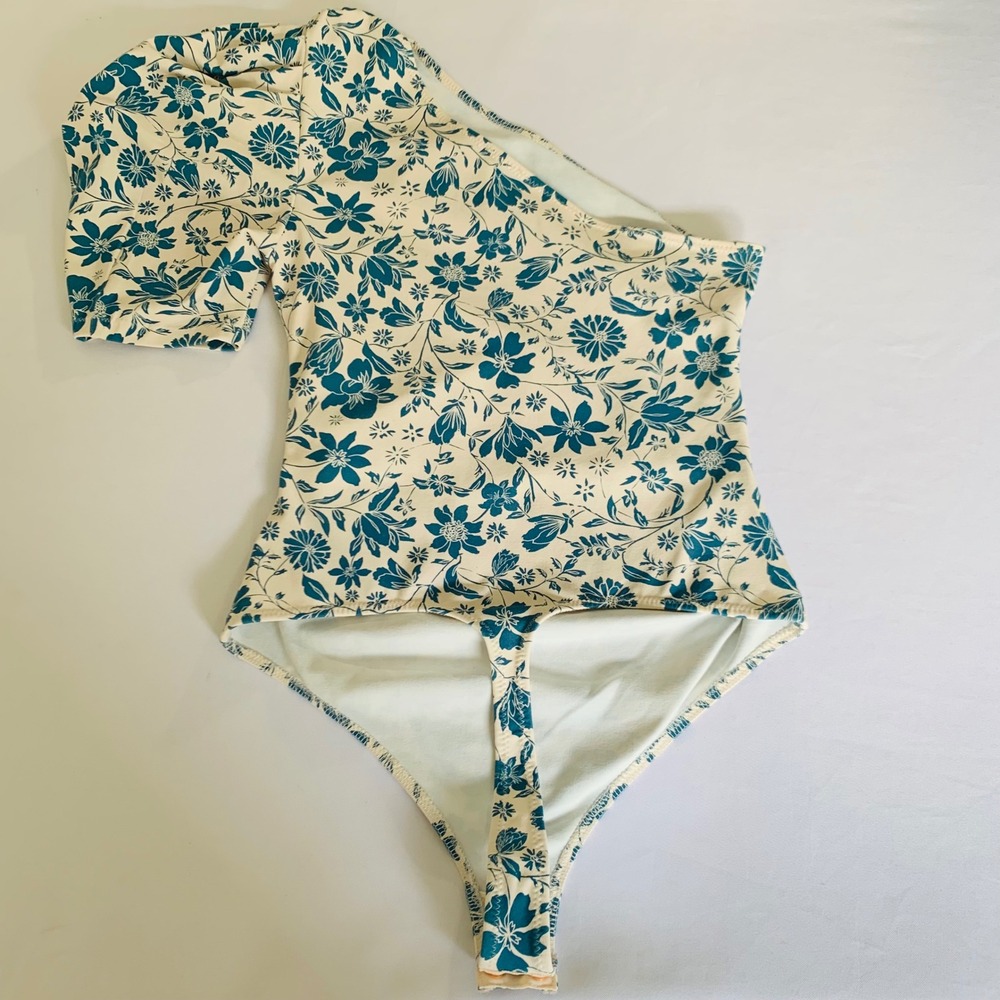 Free People Bodysuit Women S Cream Blue Floral One Shoulder Puff‎ Sleeve Boho - Picture 4 of 12